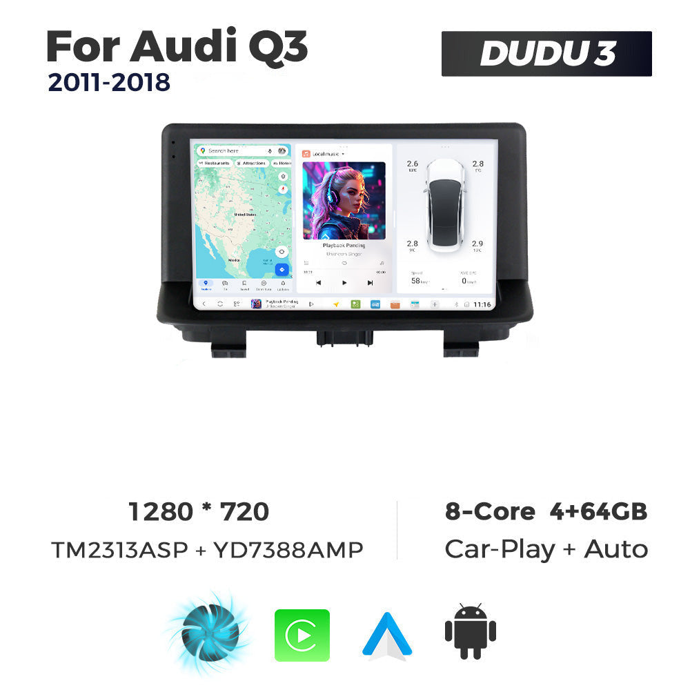 Car multimedia system for Audi Q3 with screen and components on a white background