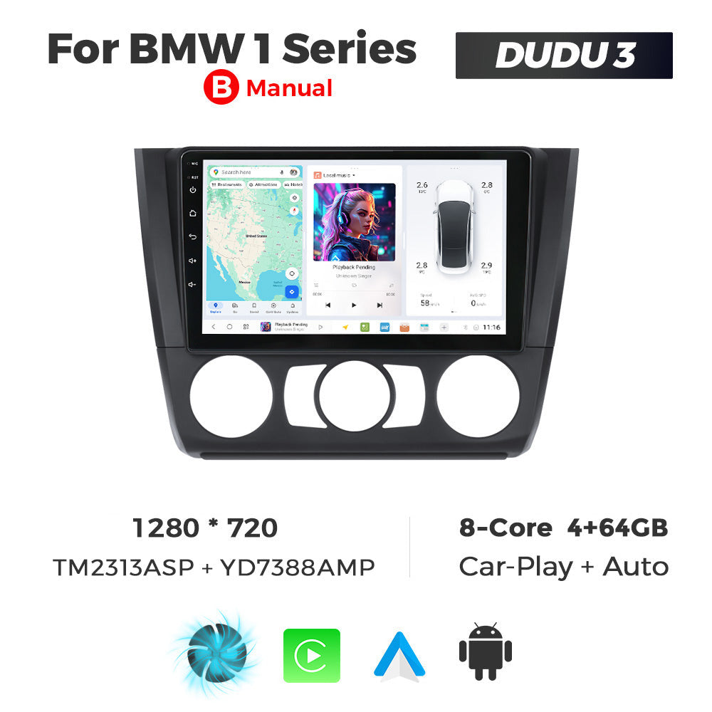 Car multimedia system for BMW 1 Series with screen and control buttons, featuring DUDU3 branding.