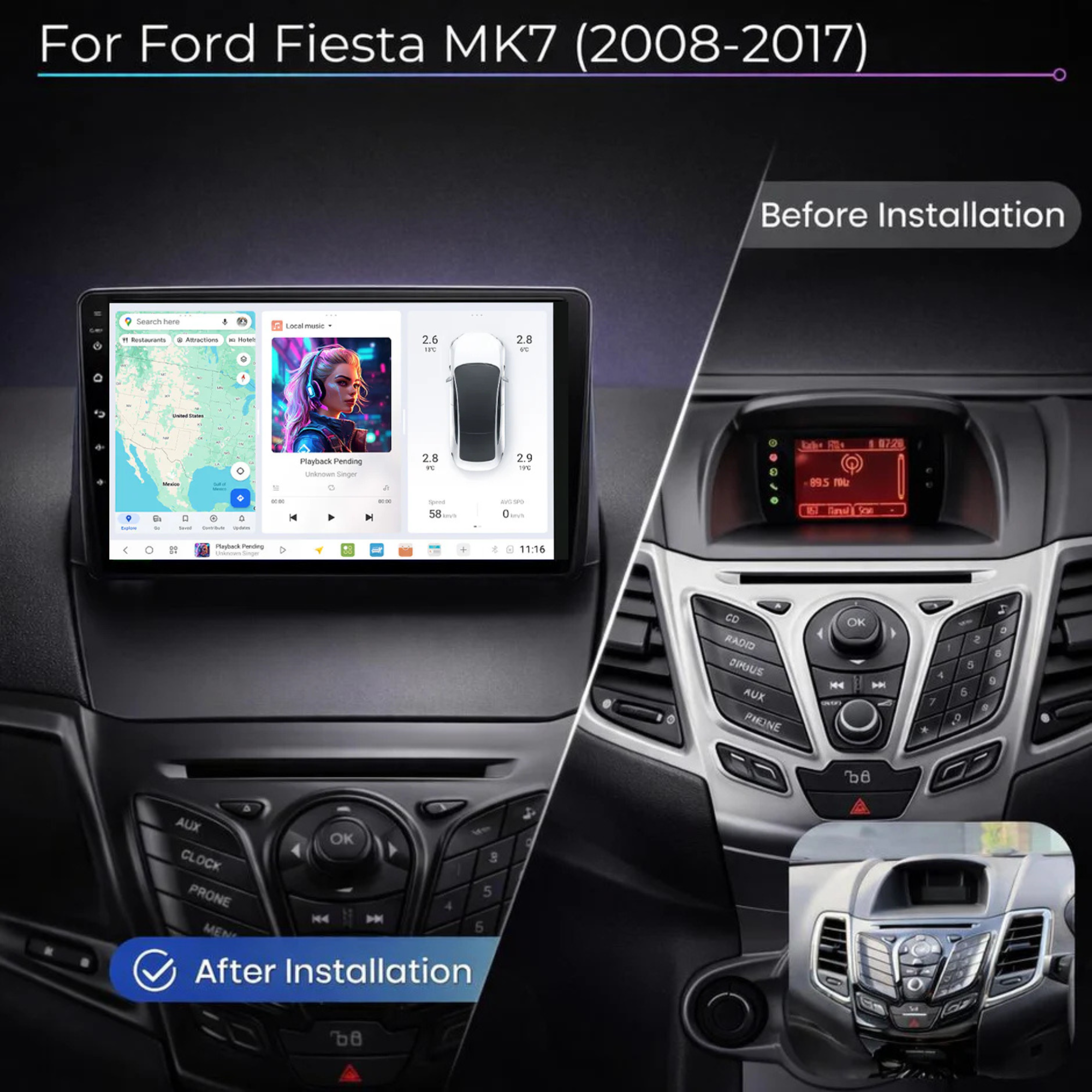 DUDU7 Ford Fiesta MK7 2008-2017 Head Unit Car Stereo | Apple CarPlay & Android Auto