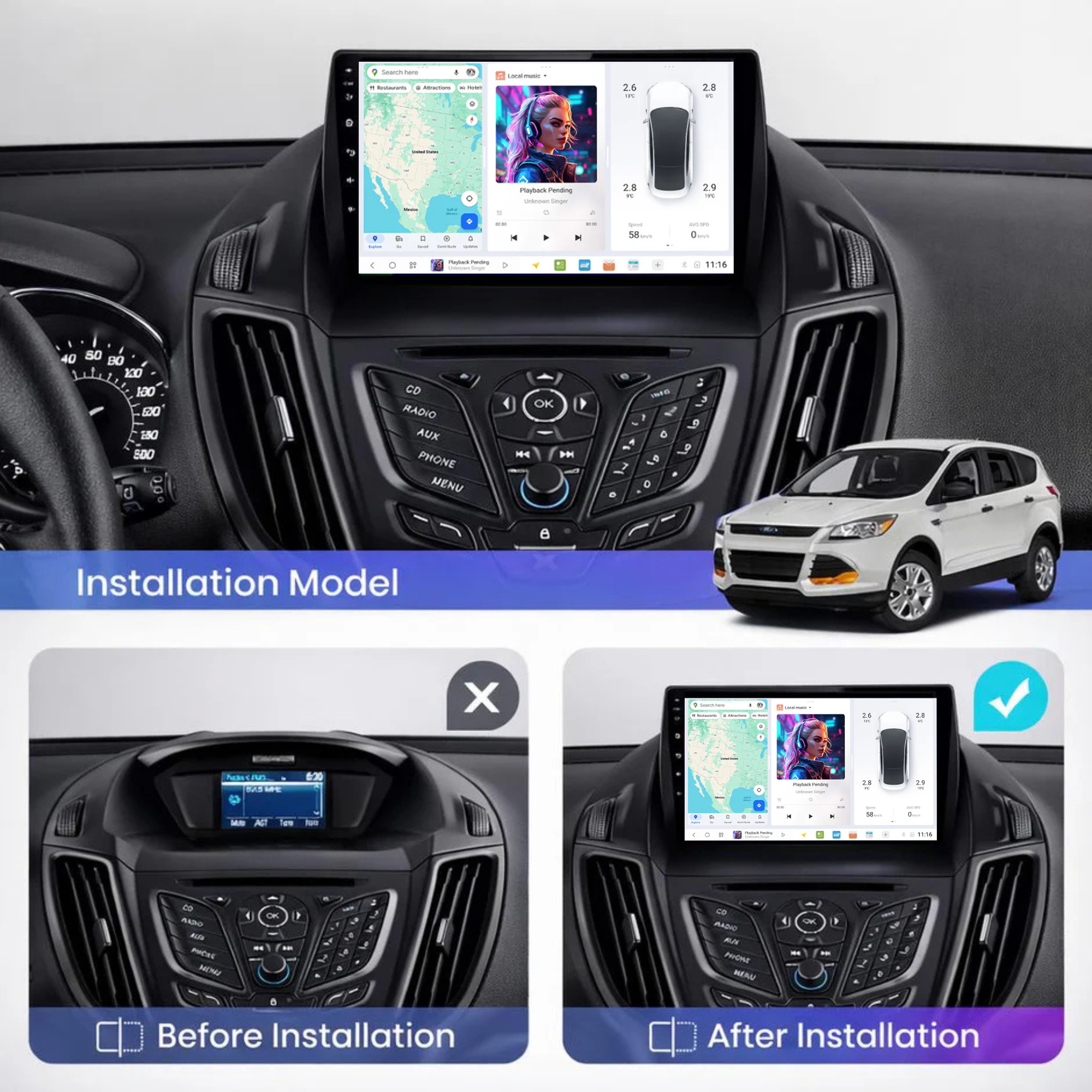 DUDU7 Ford Kuga & Escape & C-Max 2012-2019 Head Unit Car Stereo | Apple CarPlay & Android Auto