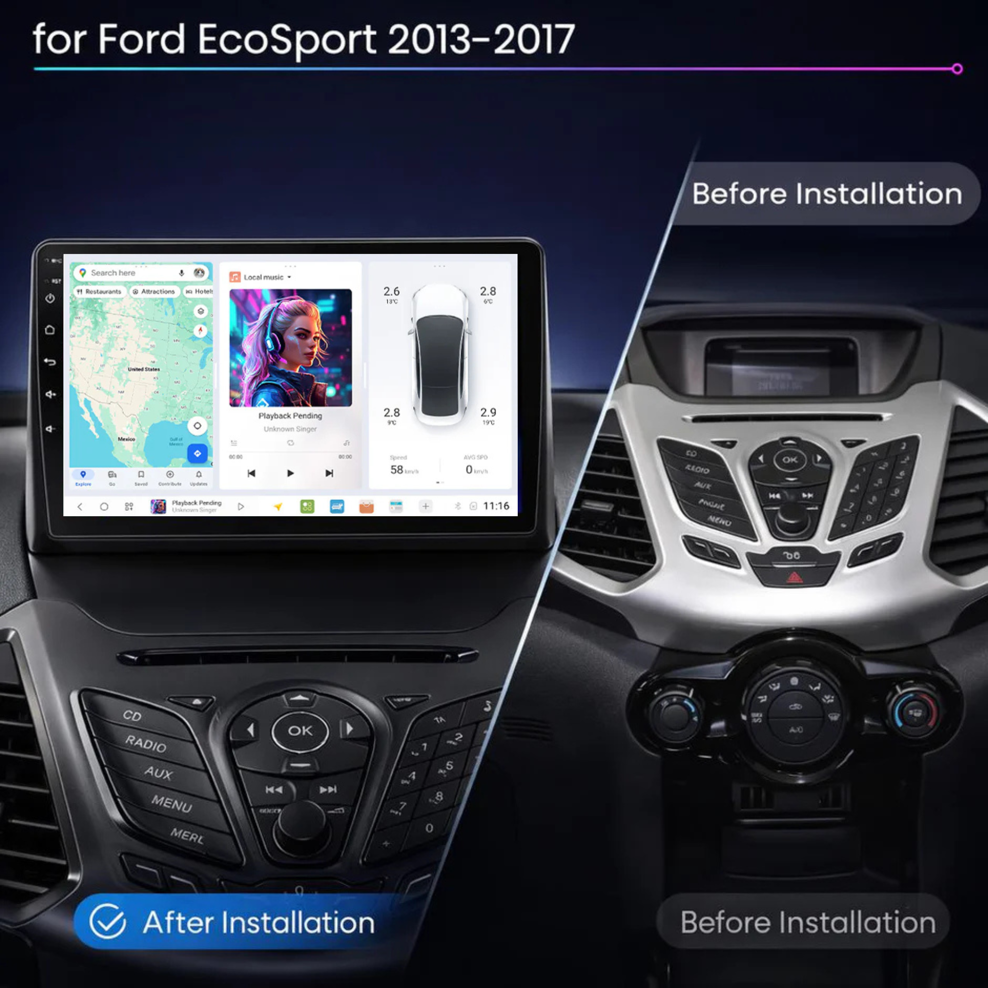 DUDU7 Ford EcoSport 2013-2017 Head Unit Car Stereo | Apple CarPlay & Android Auto
