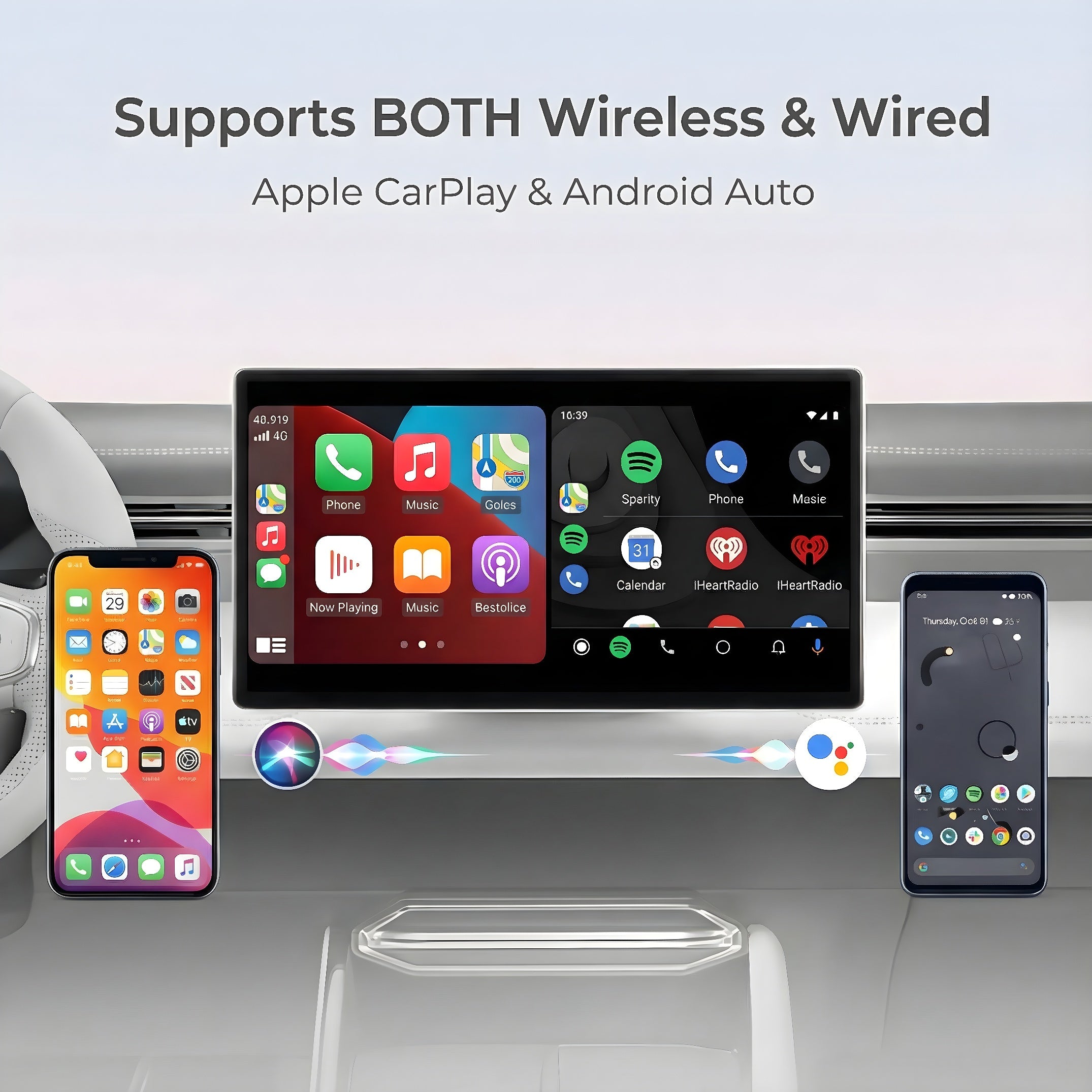 Car infotainment system with Apple CarPlay and Android Auto support, displayed on a car dashboard. DUDUAUTO DUDU7
