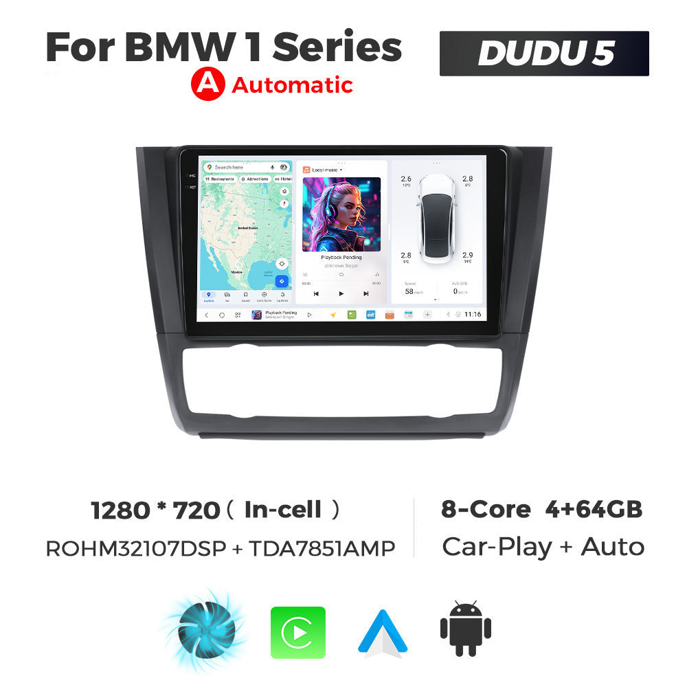 Car stereo system for BMW 1 Series with screen displaying navigation and entertainment options, brand 'DUDU 5' visible.