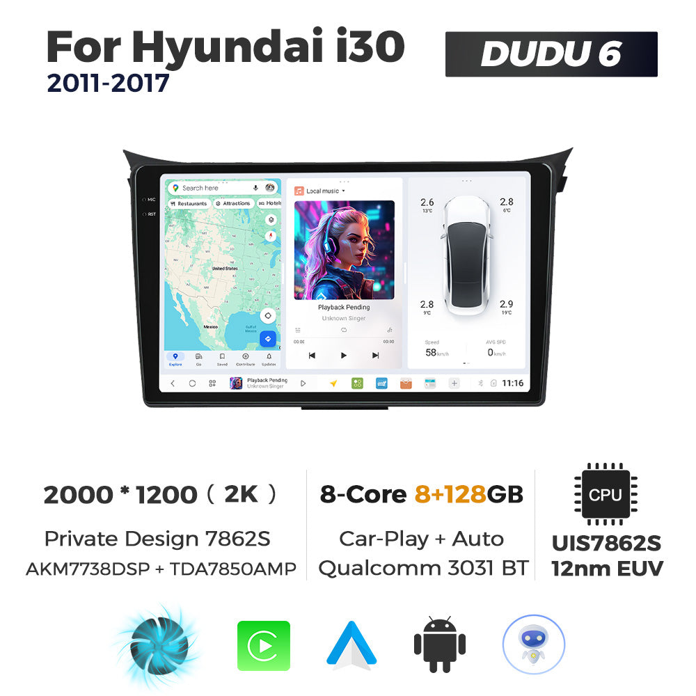 DUDU7 Hyundai i30 2011-2017 Head Unit Car Stereo | Apple CarPlay & Android Auto