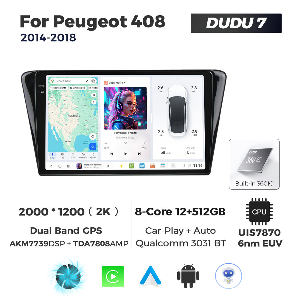 DUDU7 Peugeot 408 2014-2018 Head Unit Car Stereo | Apple CarPlay & Android Auto