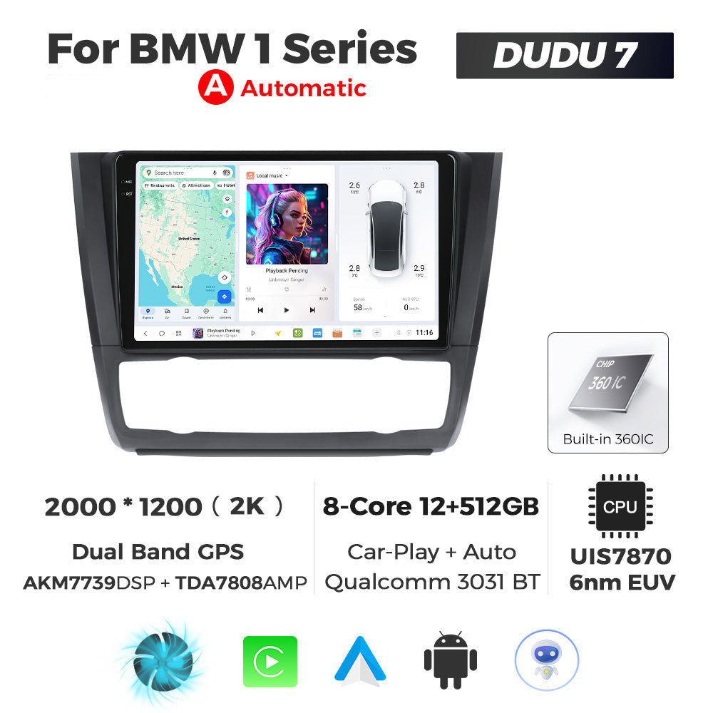 Car stereo system for BMW 1 Series with specifications on a white background