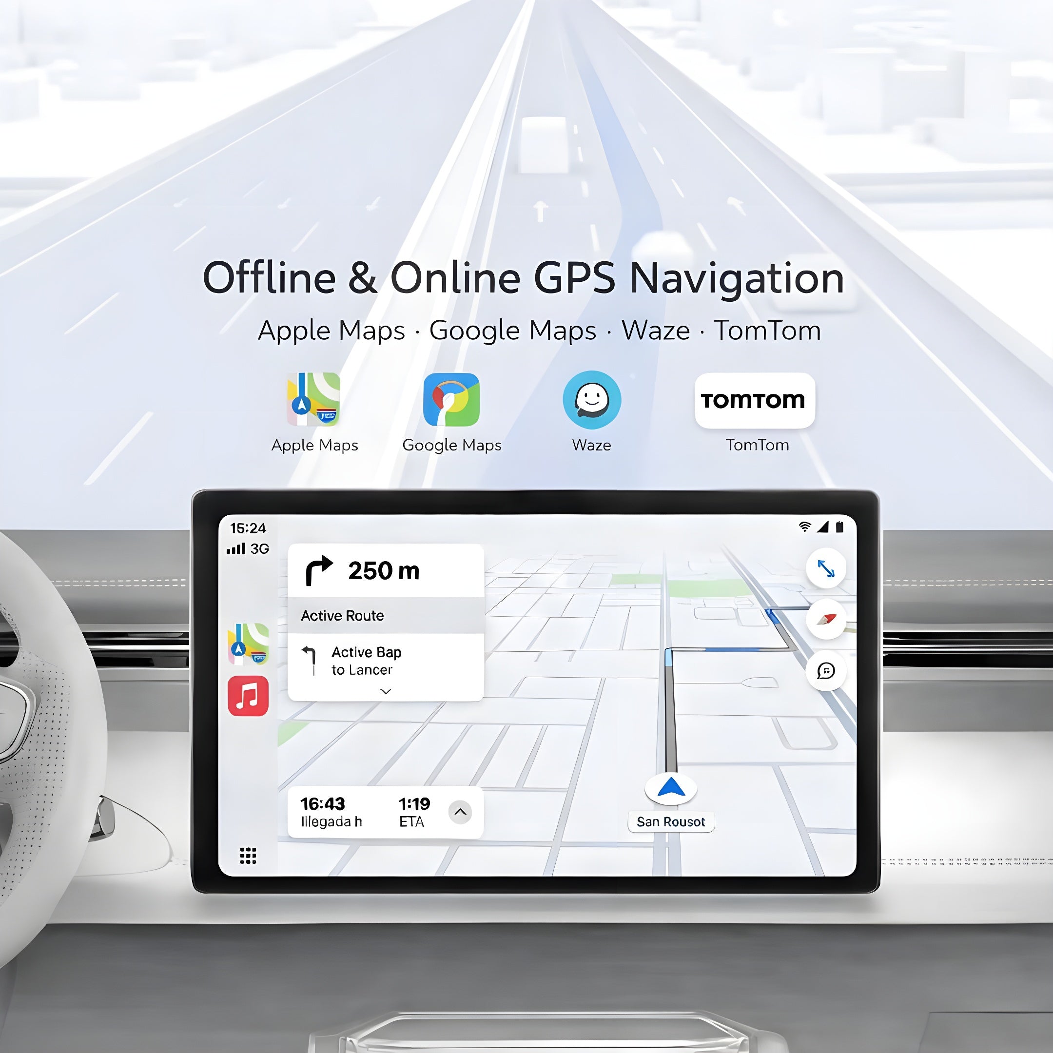 Car dashboard with GPS navigation system displaying offline & online GPS options. DUDUAUTO DUDU7