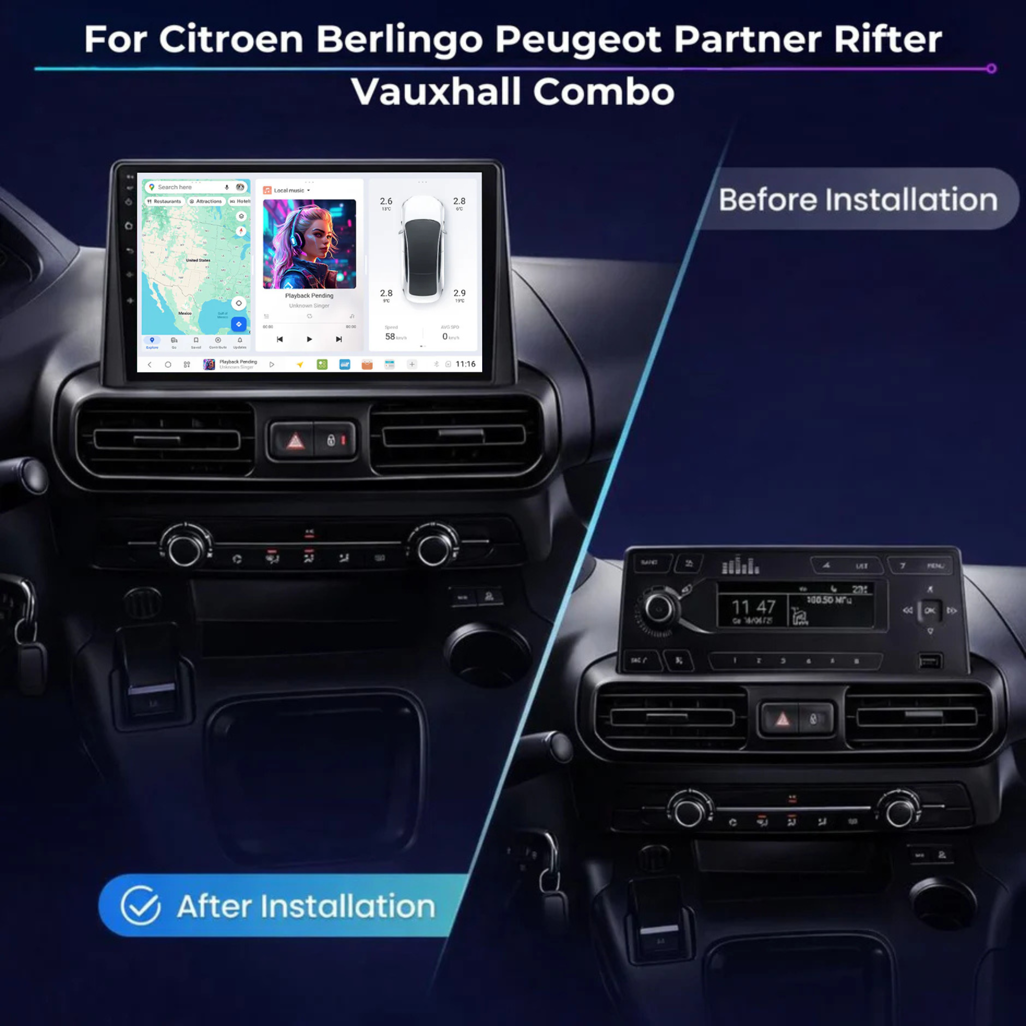 DUDU7 Peugeot Partner & Citroen Berlingo & Vauxhall Combo 2018-2024 Head Unit Car Stereo | Apple CarPlay & Android Auto