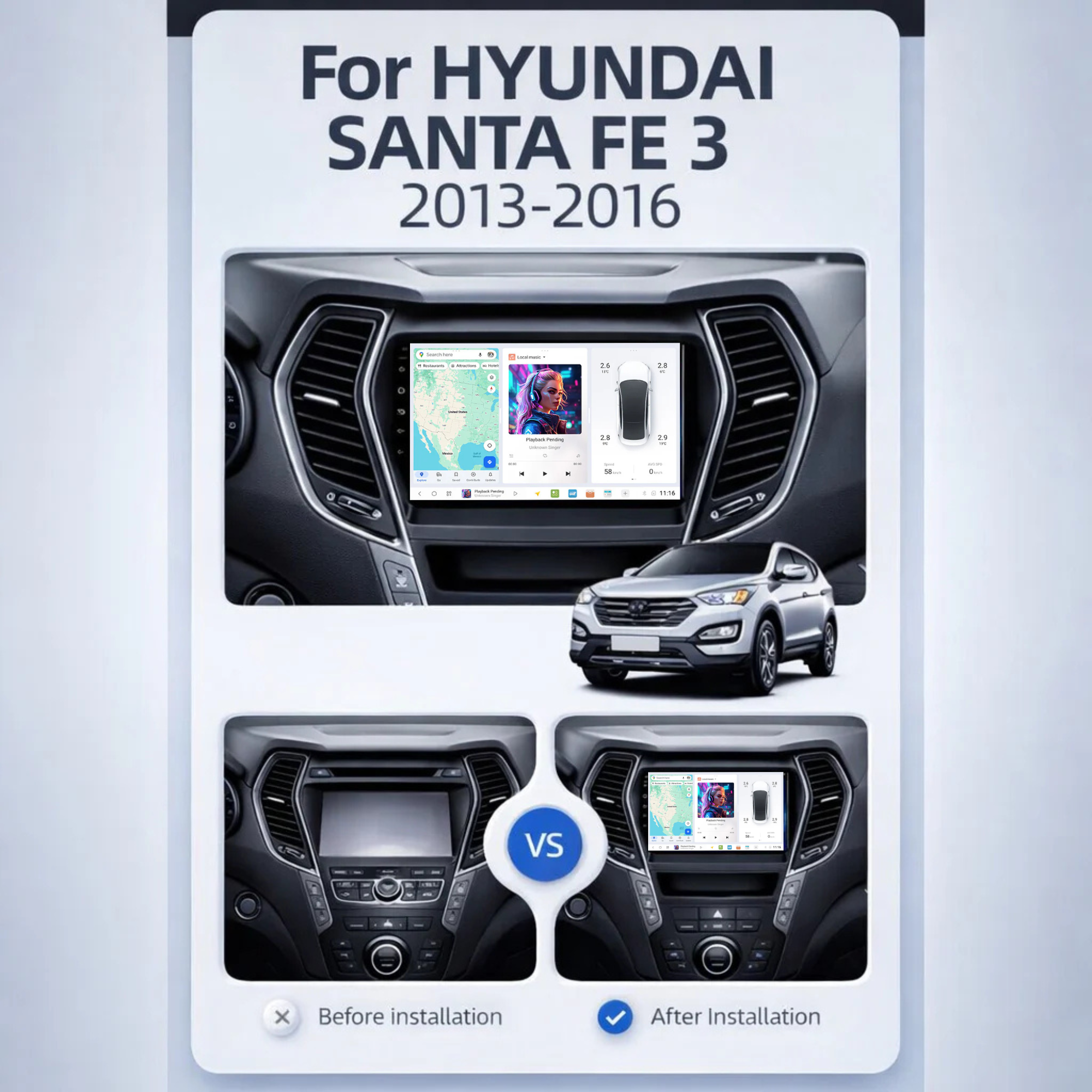 DUDU7 Hyundai Santa Fe 3 2013-2016 Head Unit Car Stereo | Apple CarPlay & Android Auto