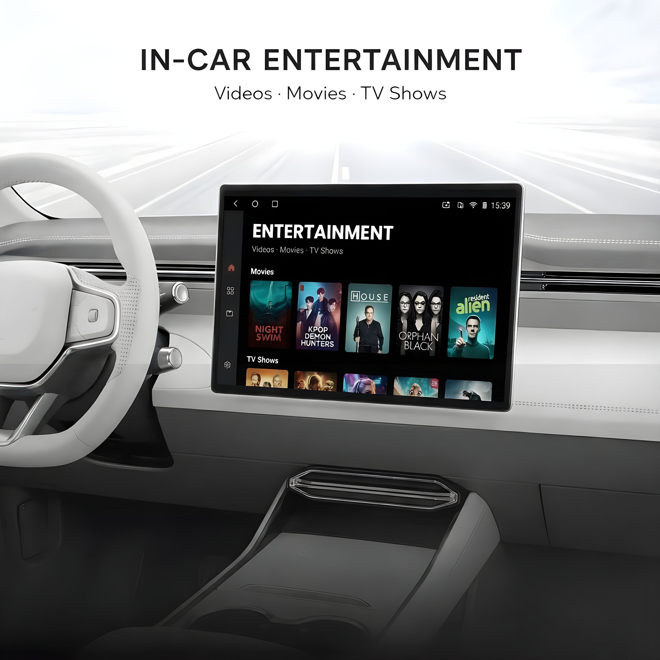In-car entertainment system on a car dashboard with various media options displayed. DUDUAUTO DUDU7