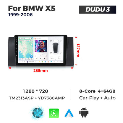 Car stereo system for BMW X5 with specifications and branding displayed.