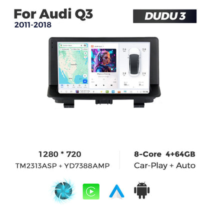 Car multimedia system for Audi Q3 with screen and components on a white background