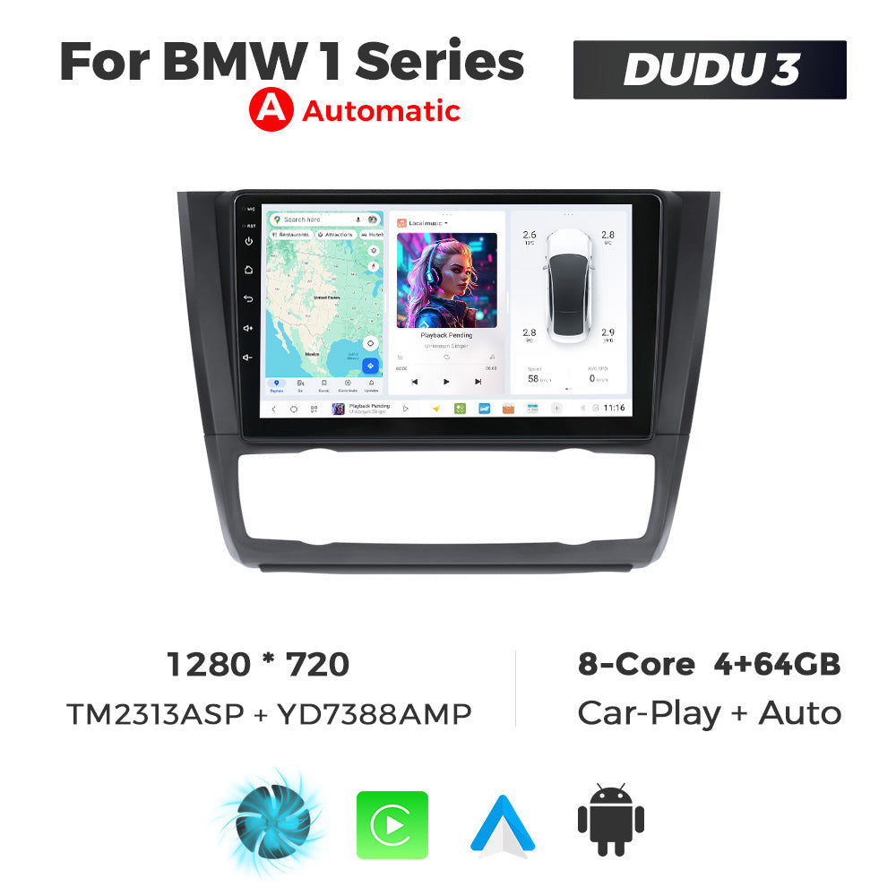 Car stereo system for BMW 1 Series with screen displaying navigation and music controls, brand 'DUDU3' visible.