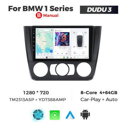 Car multimedia system for BMW 1 Series with screen and control buttons, featuring DUDU3 branding.