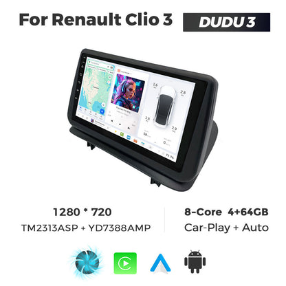 Car multimedia system for Renault Clio 3 with screen displaying apps, brand 'DUDU' visible