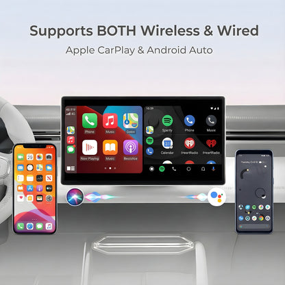 Car infotainment system with Apple CarPlay and Android Auto support, displayed on a car dashboard. DUDUAUTO DUDU7