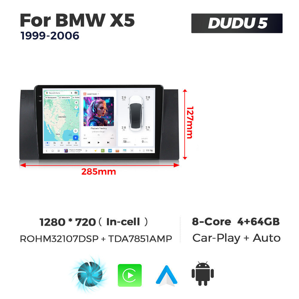 Car stereo system for BMW X5 with specifications and branding details.