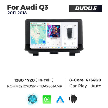 Car multimedia system for Audi Q3 with screen displaying navigation and music interface, branded as DUDU 5.