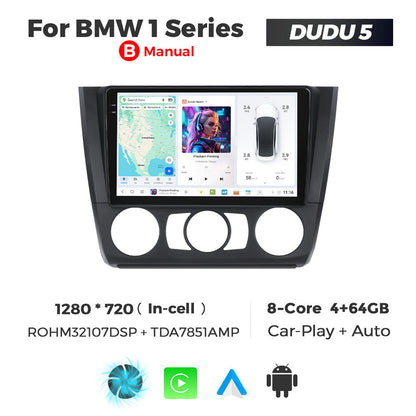 Car multimedia system for BMW 1 Series with screen and control buttons, featuring DUDU 5 branding.