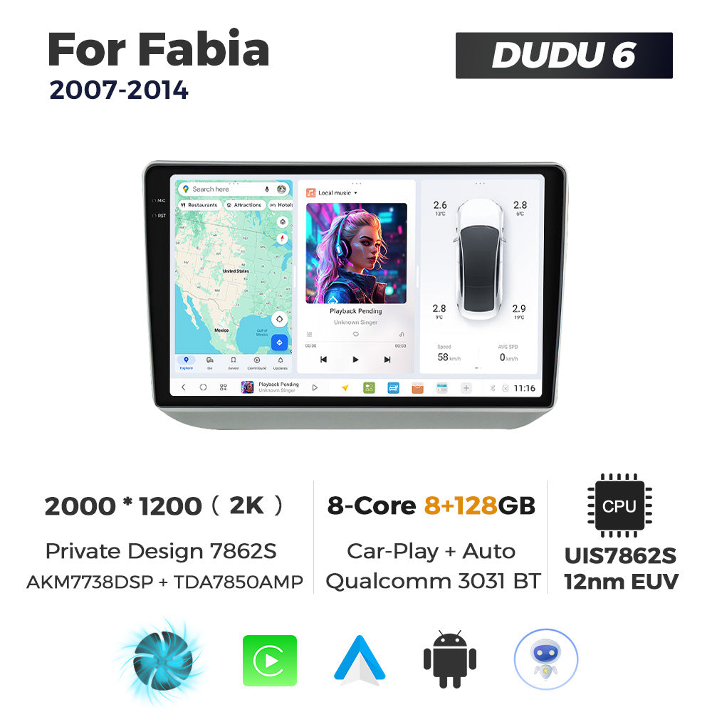 DUDU7 Skoda Fabia 2007-2014 Head Unit Car Stereo | Apple CarPlay & Android Auto