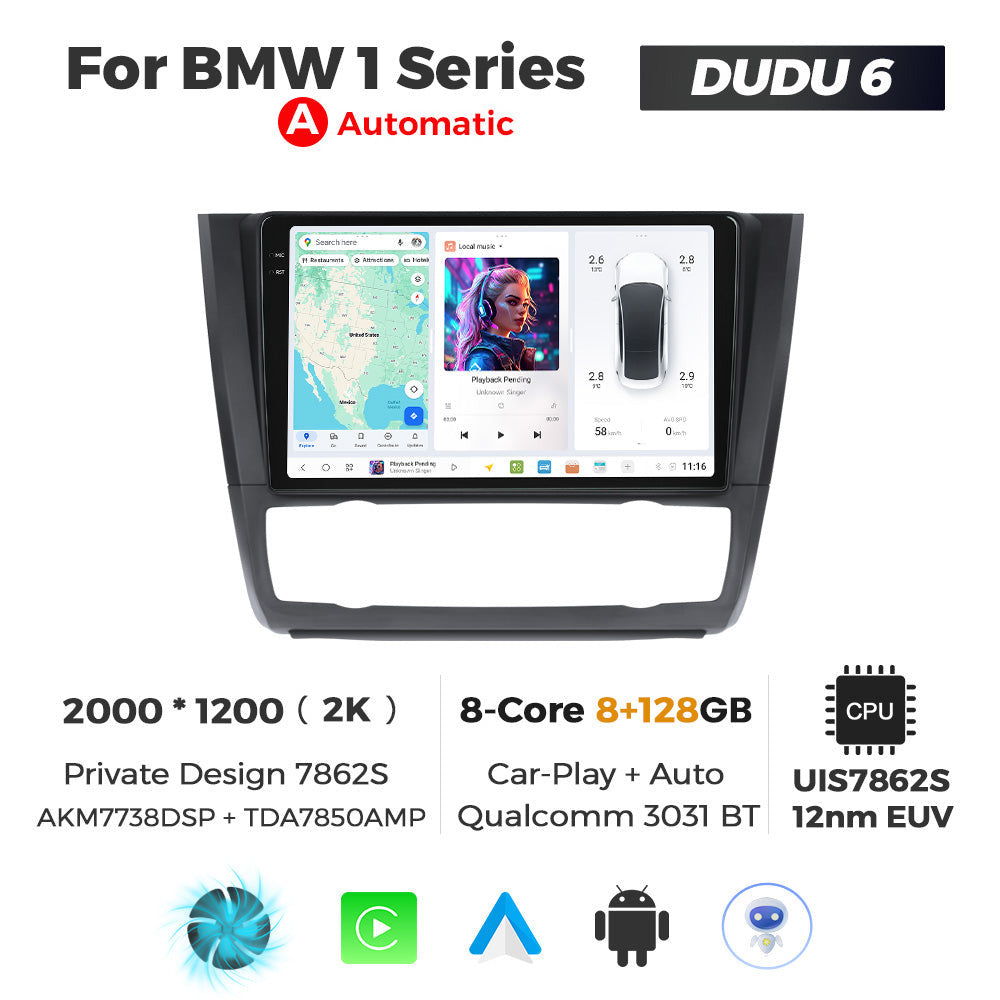 Car multimedia system for BMW 1 Series with screen displaying navigation and music interface, featuring DUDU 6 branding.