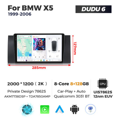 Car stereo system for BMW X5 with specifications and features on a white background