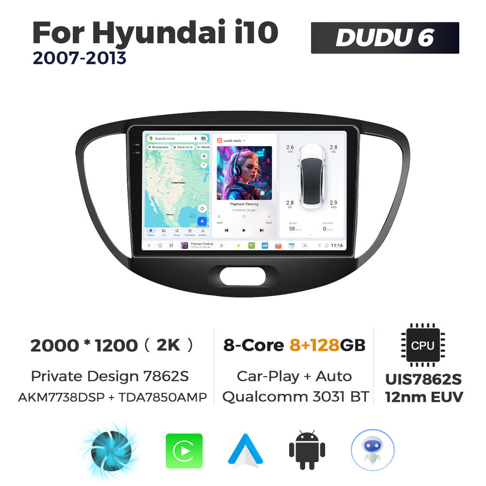 DUDU7 Hyundai i10 2007-2013 Head Unit Car Stereo | Apple CarPlay & Android Auto