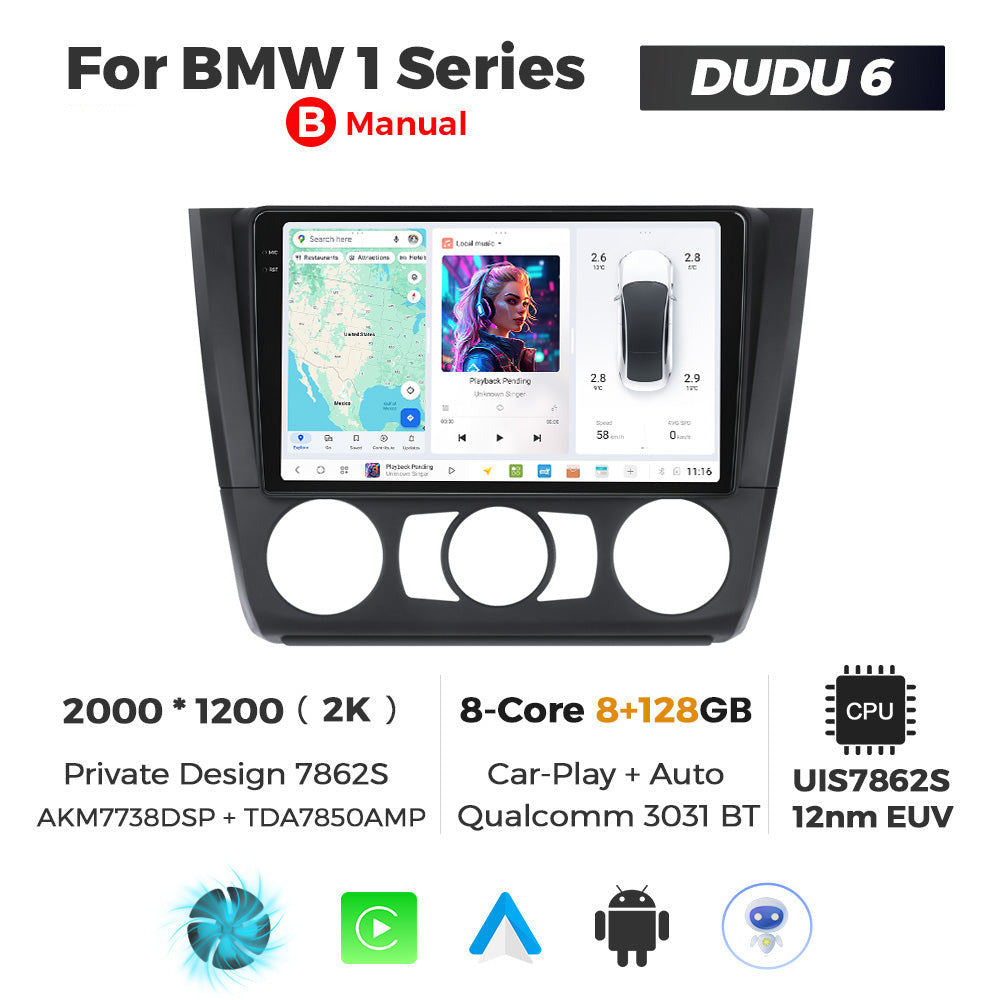 Car multimedia system for BMW 1 Series with screen displaying navigation and music interface, branded as DUDU 6.
