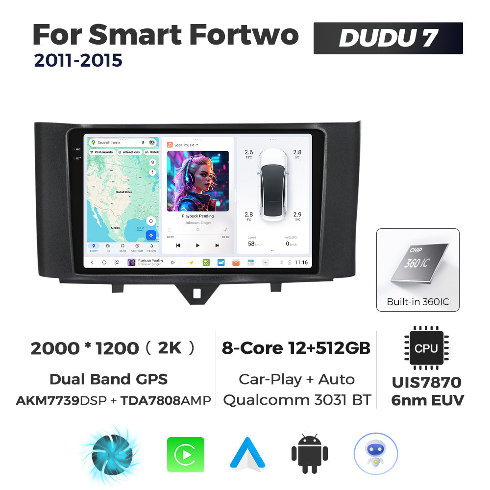 DUDU7 Smart Fortwo Forfour 2010-2015 Head Unit Car Stereo | Apple CarPlay & Android Auto