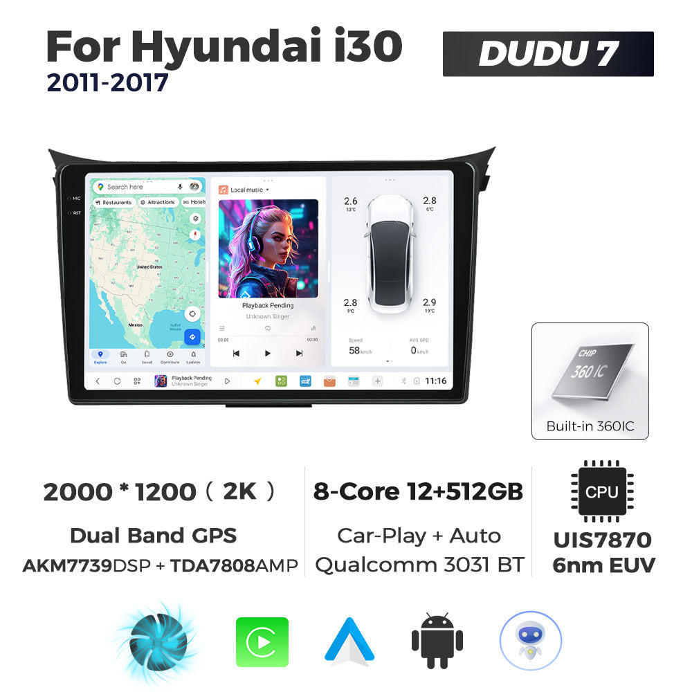 DUDU7 Hyundai i30 2011-2017 Head Unit Car Stereo | Apple CarPlay & Android Auto