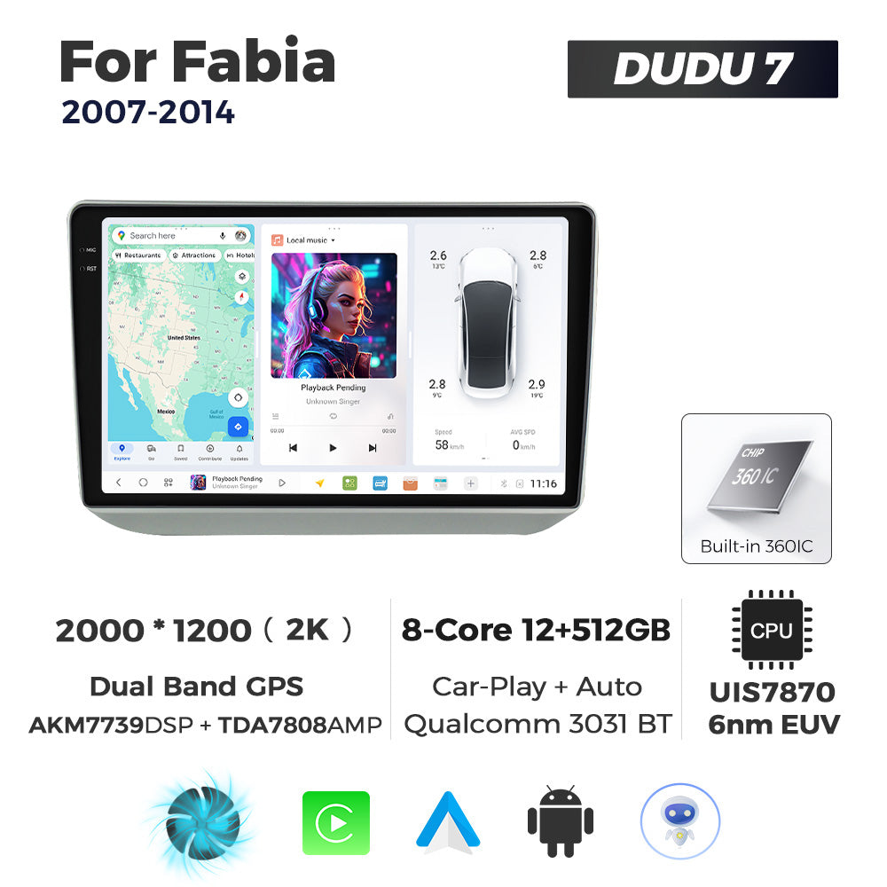 DUDU7 Skoda Fabia 2007-2014 Head Unit Car Stereo | Apple CarPlay & Android Auto