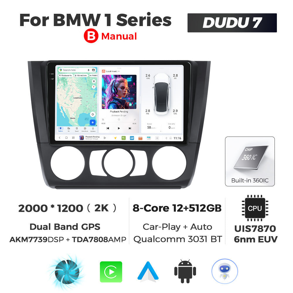 Car stereo system for BMW 1 Series with DUDU 7 branding and specifications.