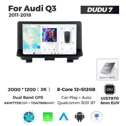 Car multimedia system for Audi Q3 with specifications and features displayed.