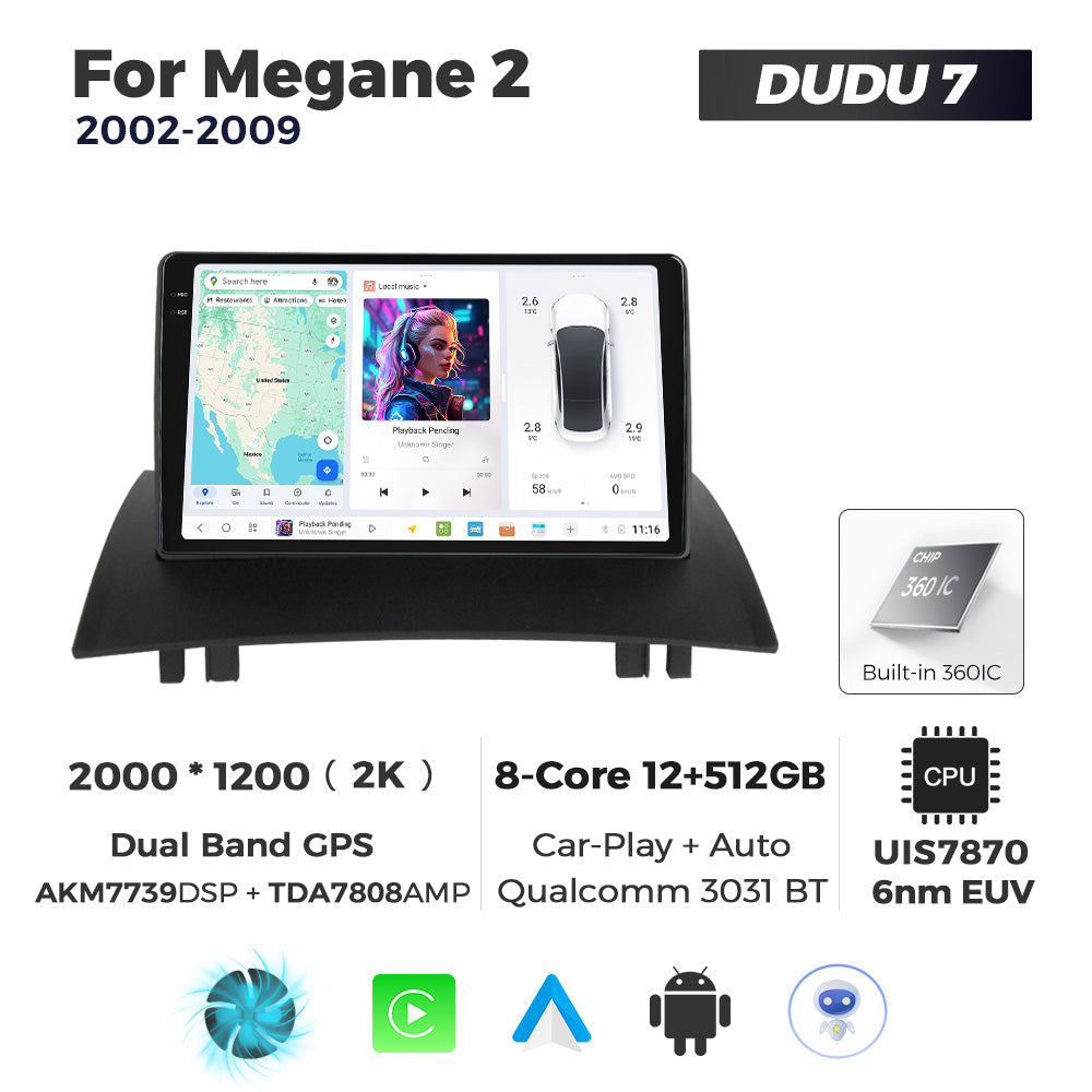 DUDU7 Megane 2 2002-2009 Head Unit Car Stereo | Apple CarPlay & Android Auto