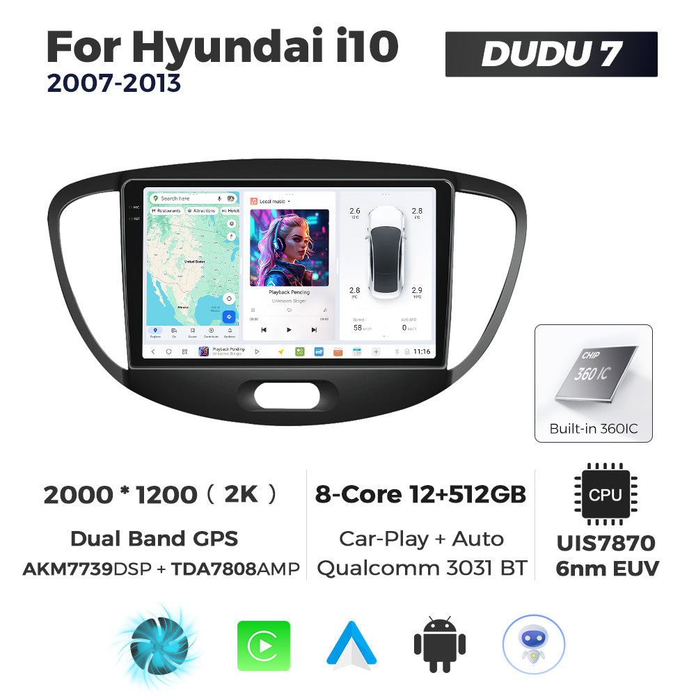 DUDU7 Hyundai i10 2007-2013 Head Unit Car Stereo | Apple CarPlay & Android Auto