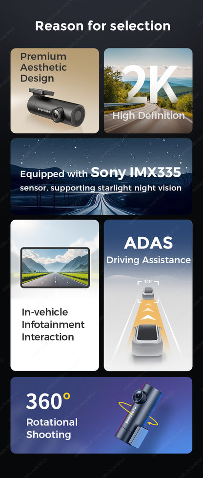 2K ADAS DVR | Sony IMX335 | 1440P Dash Camera | Anti-Collision & Lane Assist | 360° Rotatable