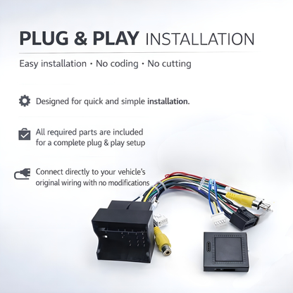 Car audio installation kit with wiring harness on a white background, featuring text about plug and play installation. DUDUAUTO DUDU7
