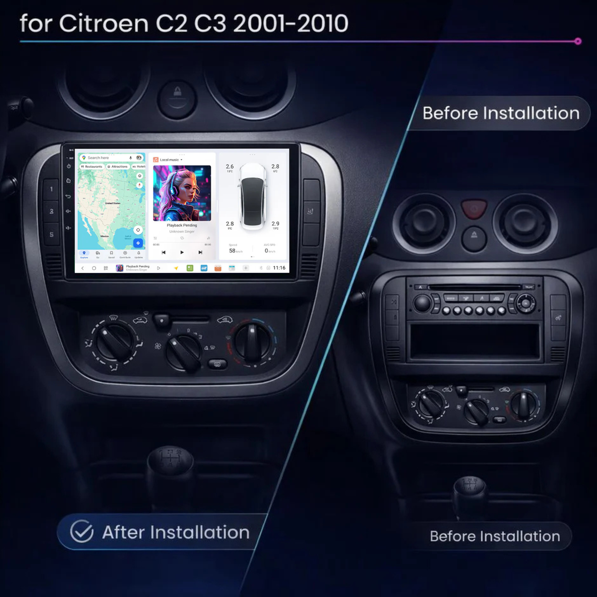 DUDU7 Citroen C2 & C3 2001-2010 Head Unit Car Stereo | Apple CarPlay & Android Auto