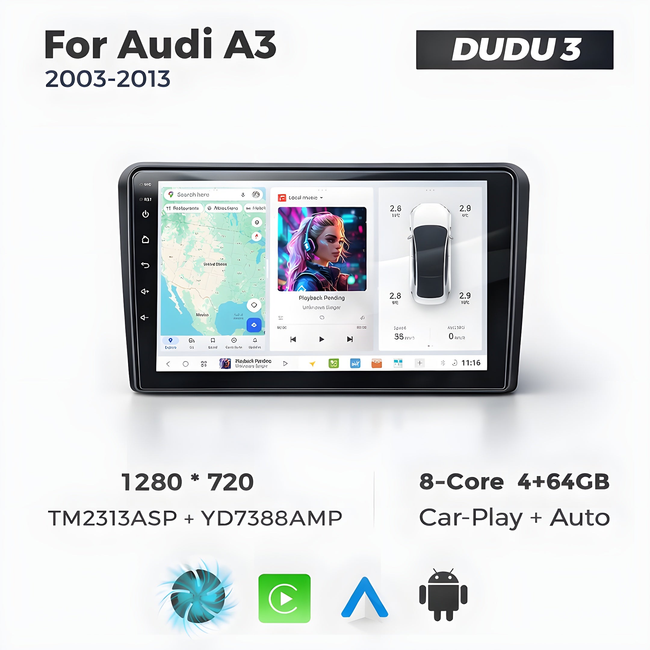 DUDU7 Audi A3 S3 RS3 2003-2012 Head Unit Car Stereo | Apple CarPlay & Android Auto
