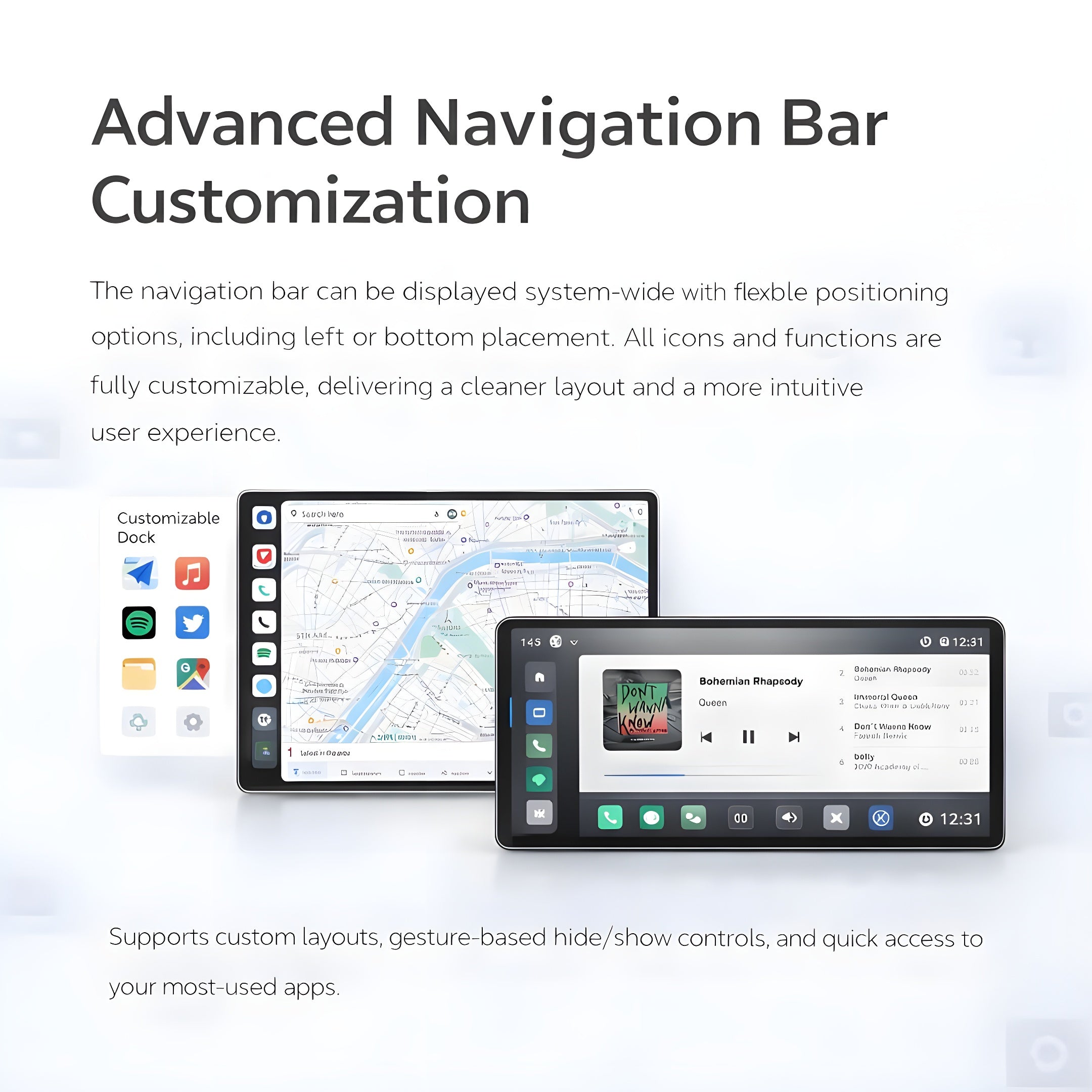 Two smartphone screens displaying customizable navigation bar with icons and app interfaces. DUDUAUTO DUDU7