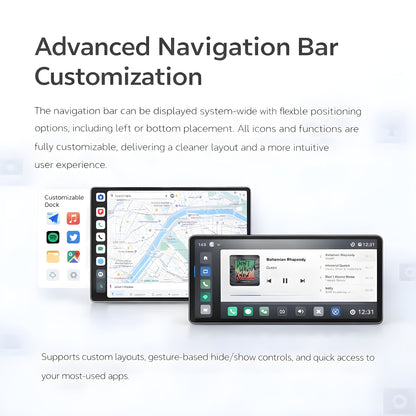 Two smartphone screens displaying customizable navigation bar with icons and app interfaces. DUDUAUTO DUDU7
